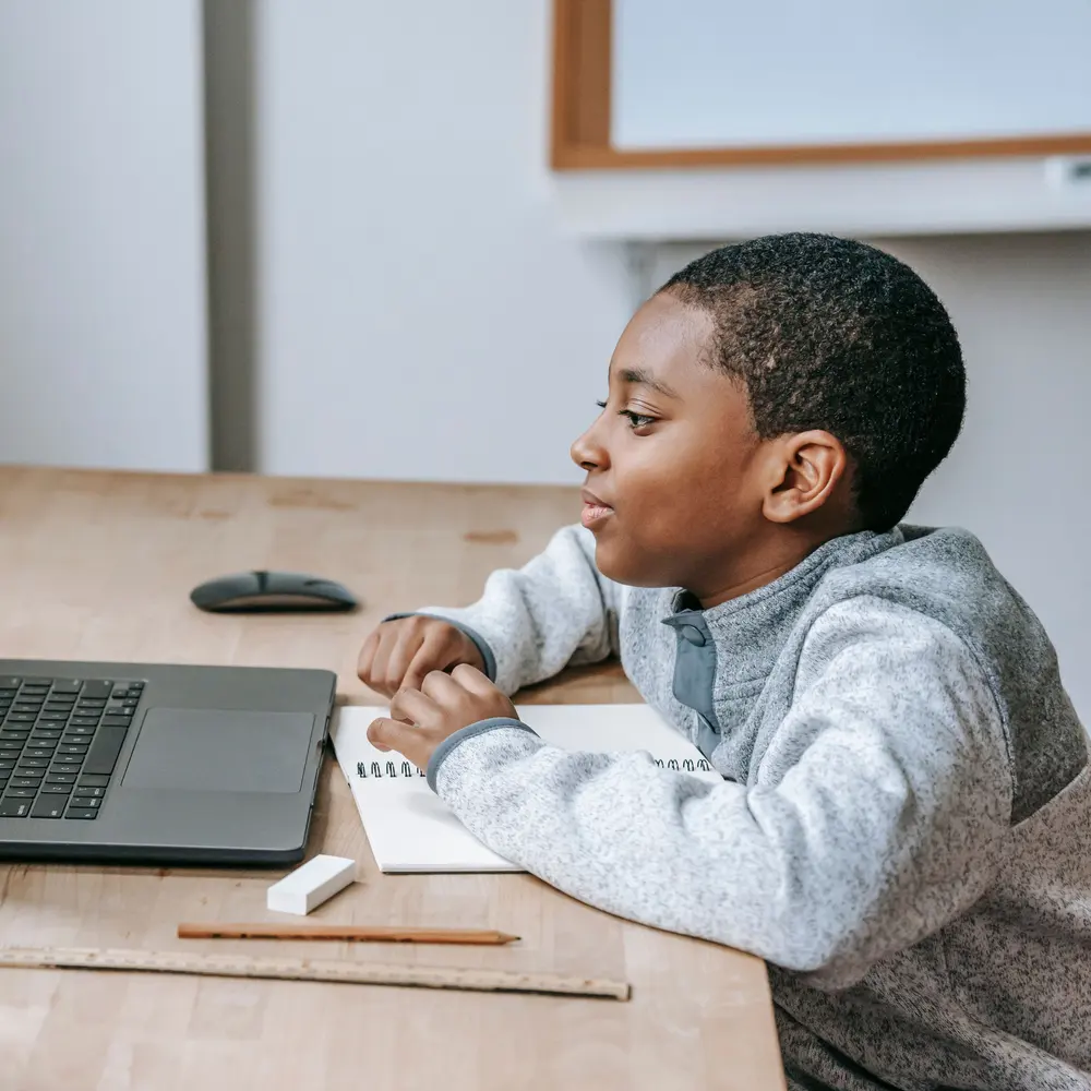 Un enfant suit une leçon sur son ordinateur